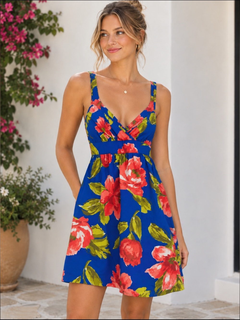 Hollister Royal Blue Mini Dress with Red Floral Print